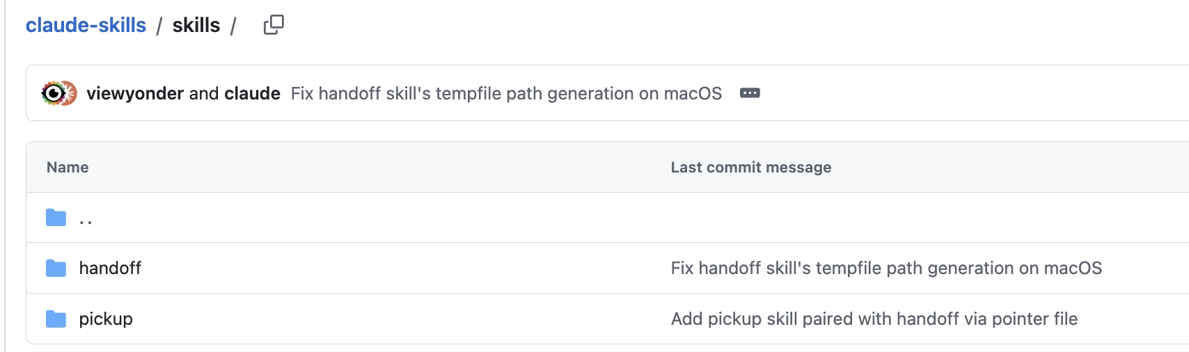 Screenshot of the viewyonder/claude-skills GitHub repo showing the handoff and pickup skills.