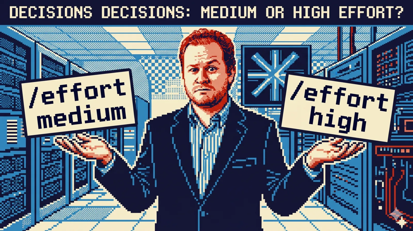 Pixel art illustration of Steve Chambers weighing up /effort medium vs /effort high in Claude Code