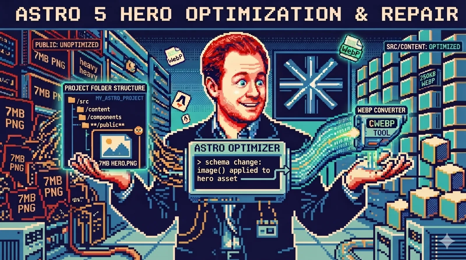 Pixel art illustration titled 'Astro 5 Hero Optimization & Repair'. Steve Chambers stands between a stack of unoptimised 7MB PNGs labelled 'public' on the left and a tidy 'src/content: optimized' shelf on the right, with a project folder structure diagram, an Astro Optimizer terminal showing a schema change applying image() to a hero asset, and a CWEBP converter tool.