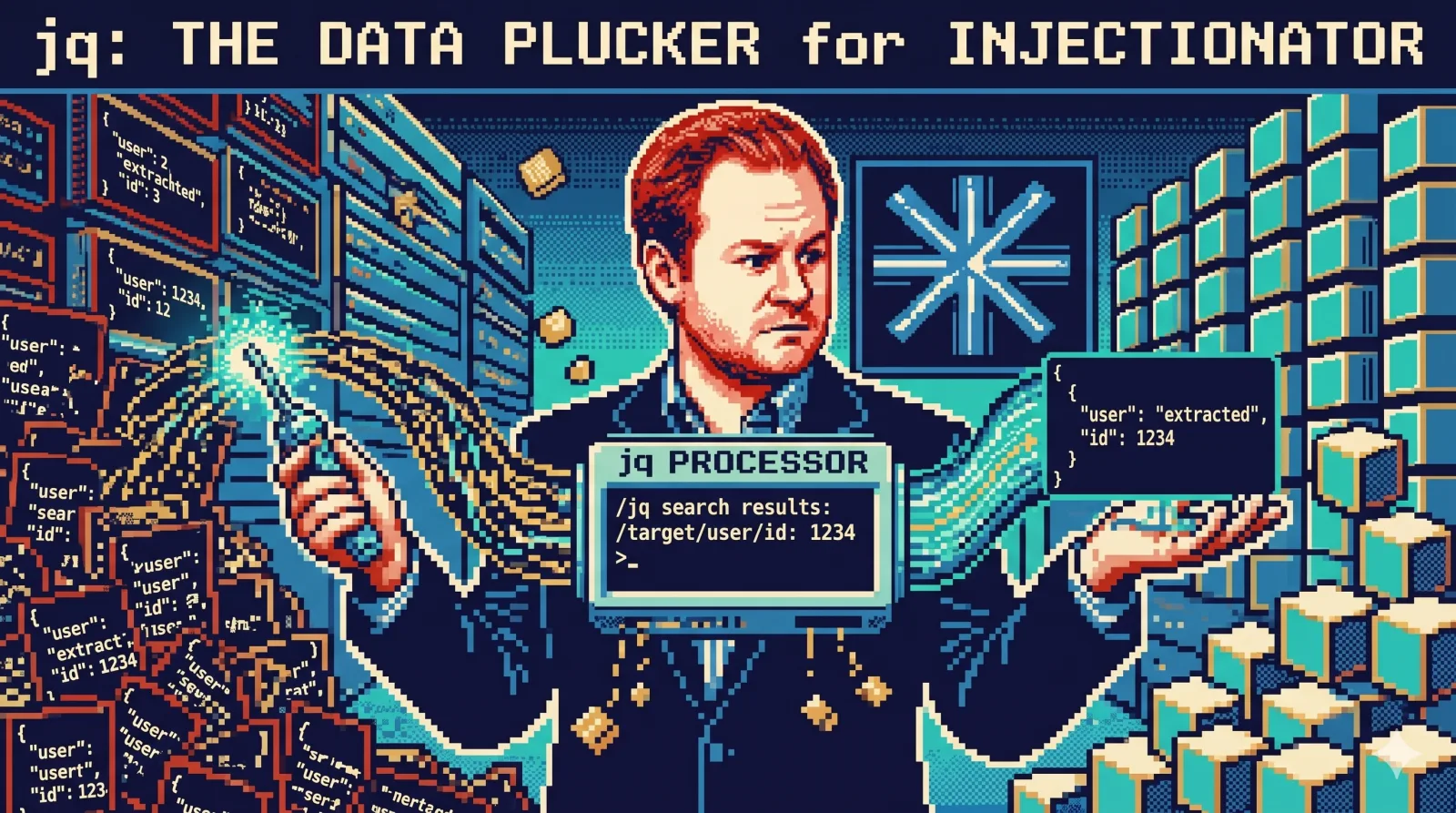 Pixel art illustration of Steve Chambers extracting structured data with jq, surrounded by JSON records and the Injectionator logo. Title reads: jq — the data plucker for Injectionator.