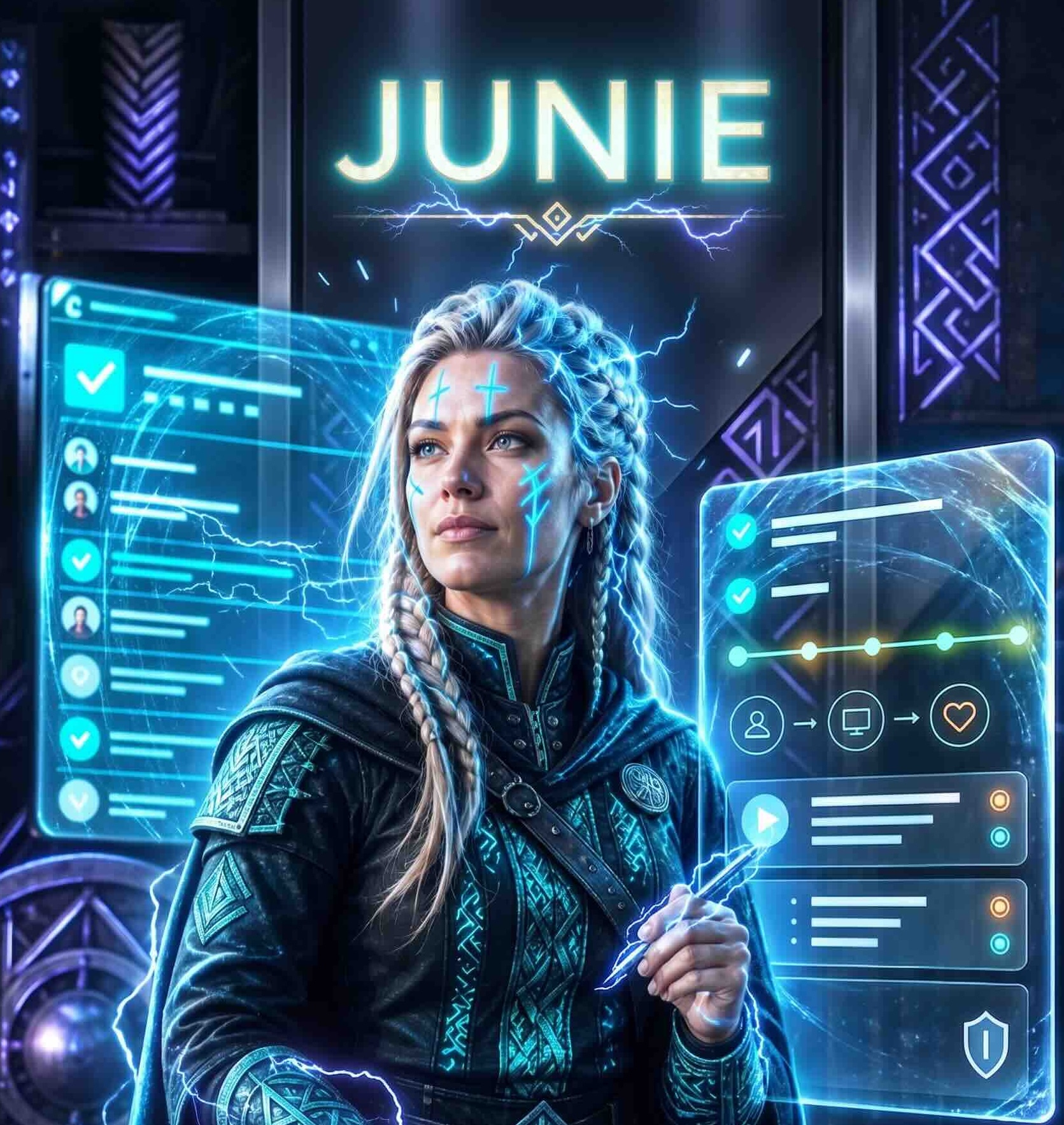 JUNIE represented as a Viking-style customer proxy standing inside a development workflow.